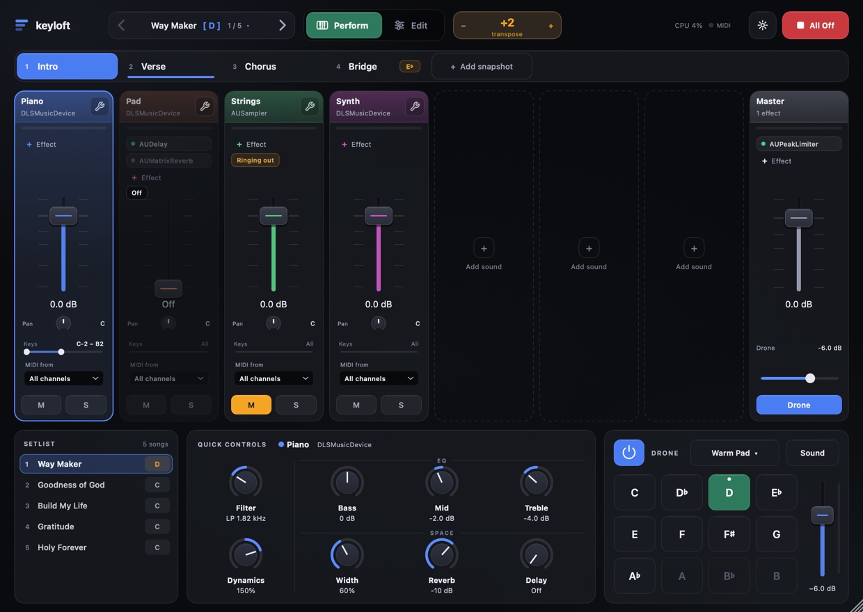 Keyloft's Perform screen: a song called Way Maker in D, snapshots Intro, Verse, Chorus and Bridge, four instrument layers with faders, the setlist, quick controls and the drone keys.